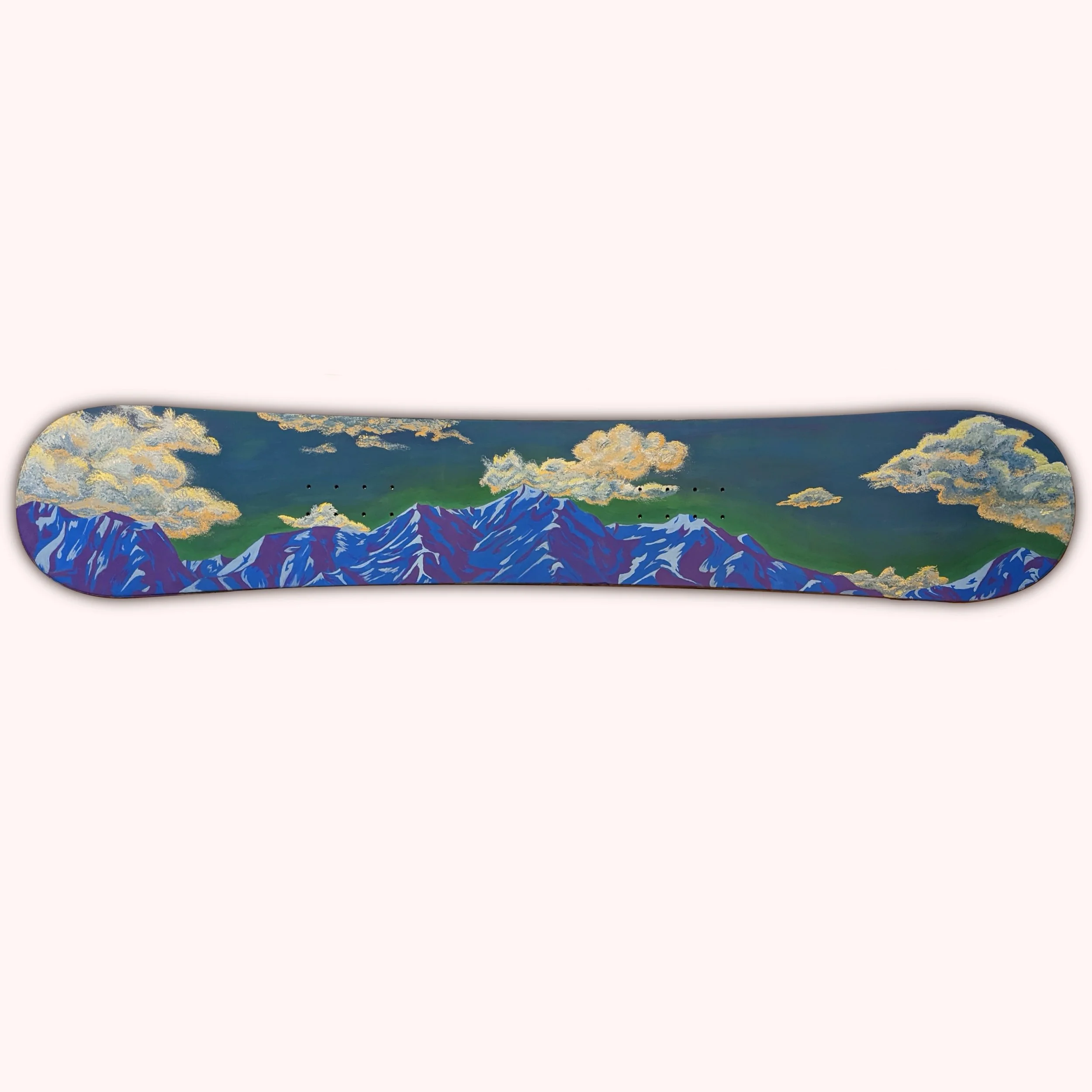 Decorative snowboard with a painting of mountains and clouds
