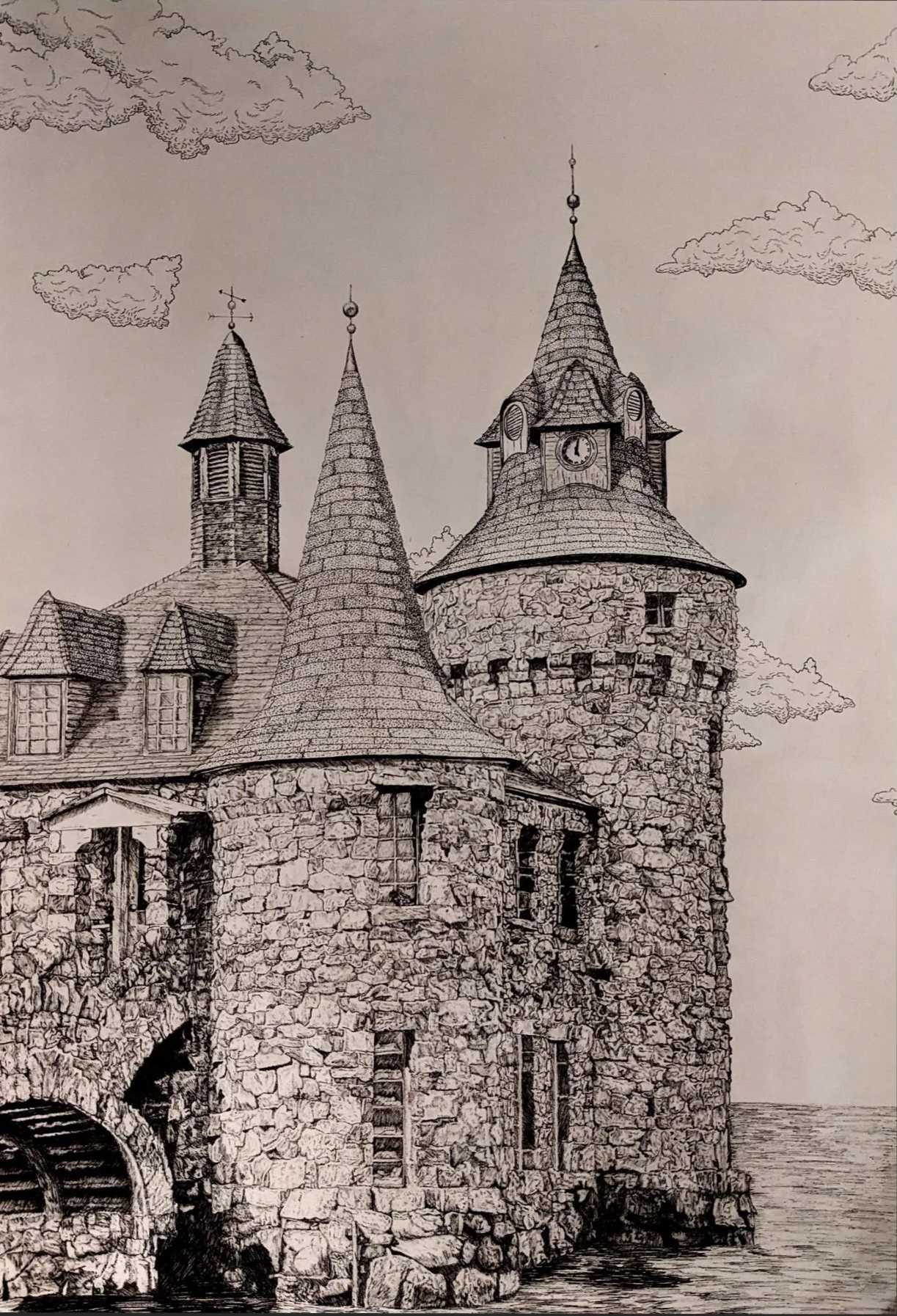 A detailed black and white sketch of a medieval stone castle with multiple towers, conical roofs, a clock on one tower, and a stone bridge over water.