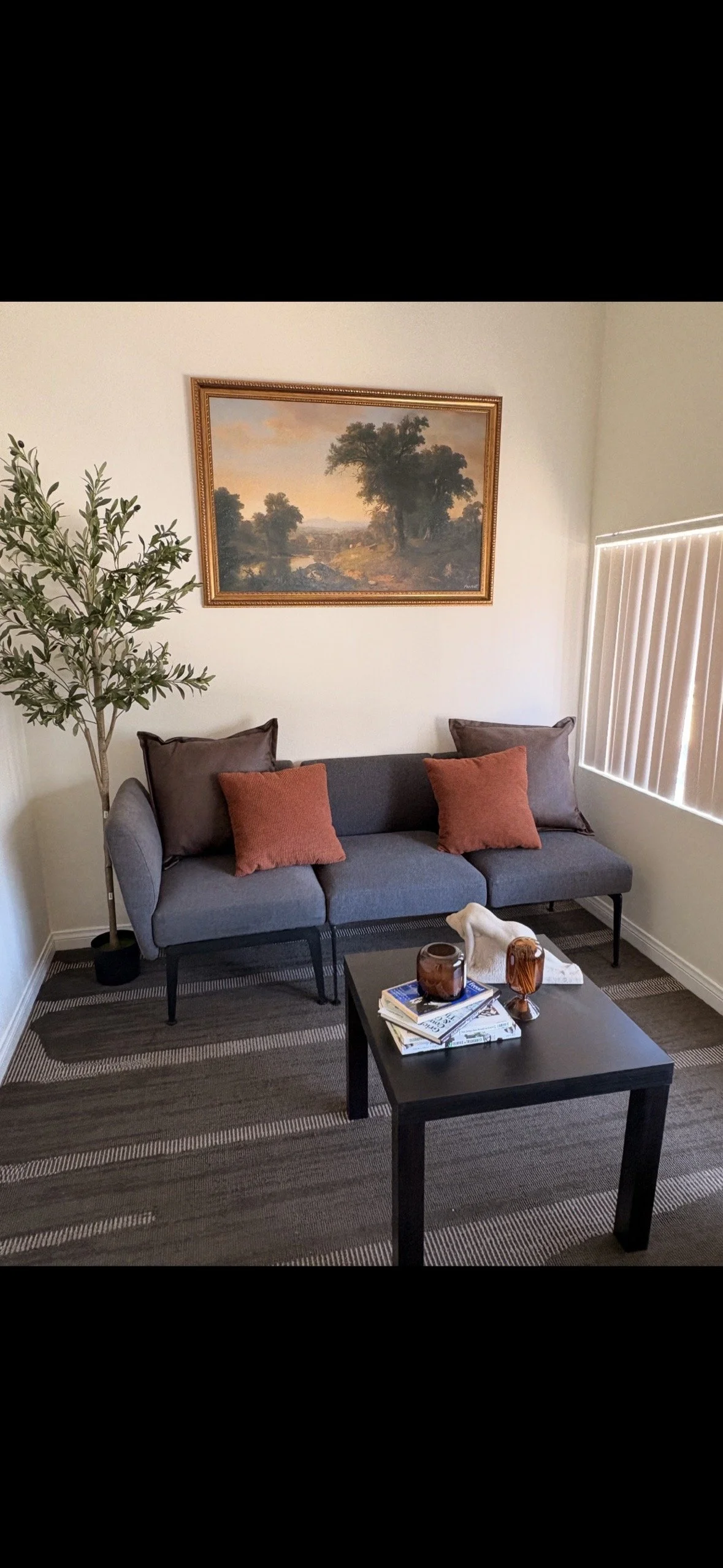 The Pasadena office at Graies Psychological Services, with a gray sofa, rust pillows, and greenery