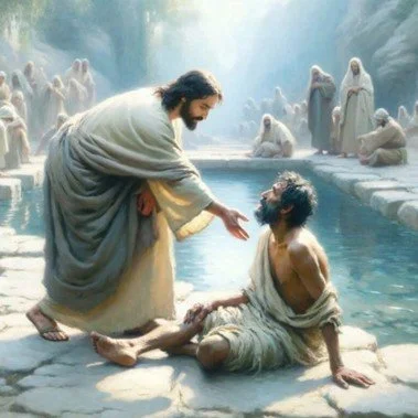 Jesus healing a man by the pool on the Sabbath, surrounded by onlookers in a biblical setting.
