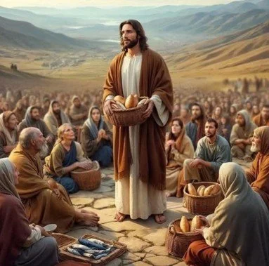 Jesus Christ standing amid a large crowd in an outdoor setting, holding a basket of bread, with mountains in the background.