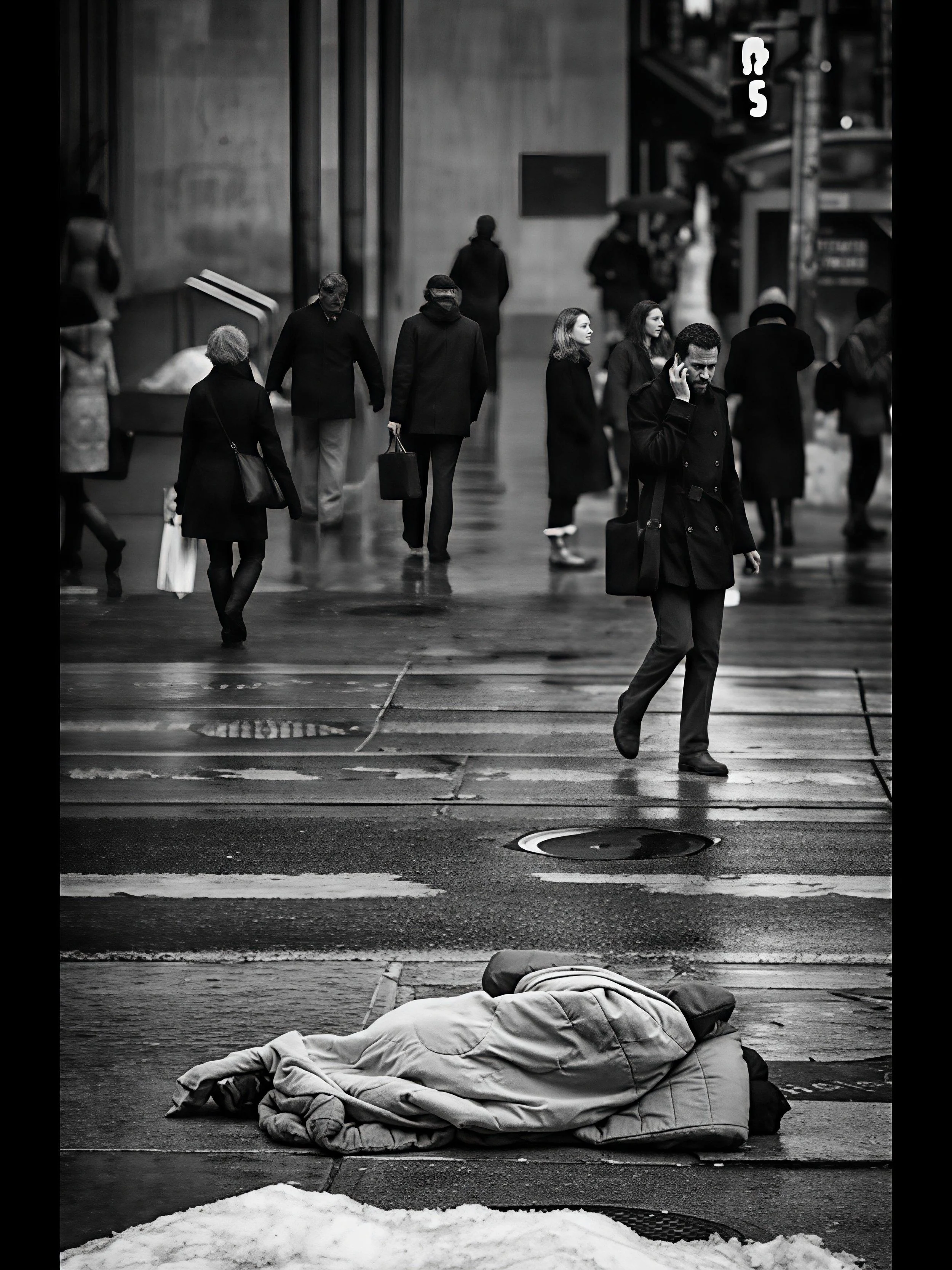 A black and white photo of city pedestrians crossing a street, some wearing masks, with a person lying on the sidewalk in a sleeping bag in the foreground.