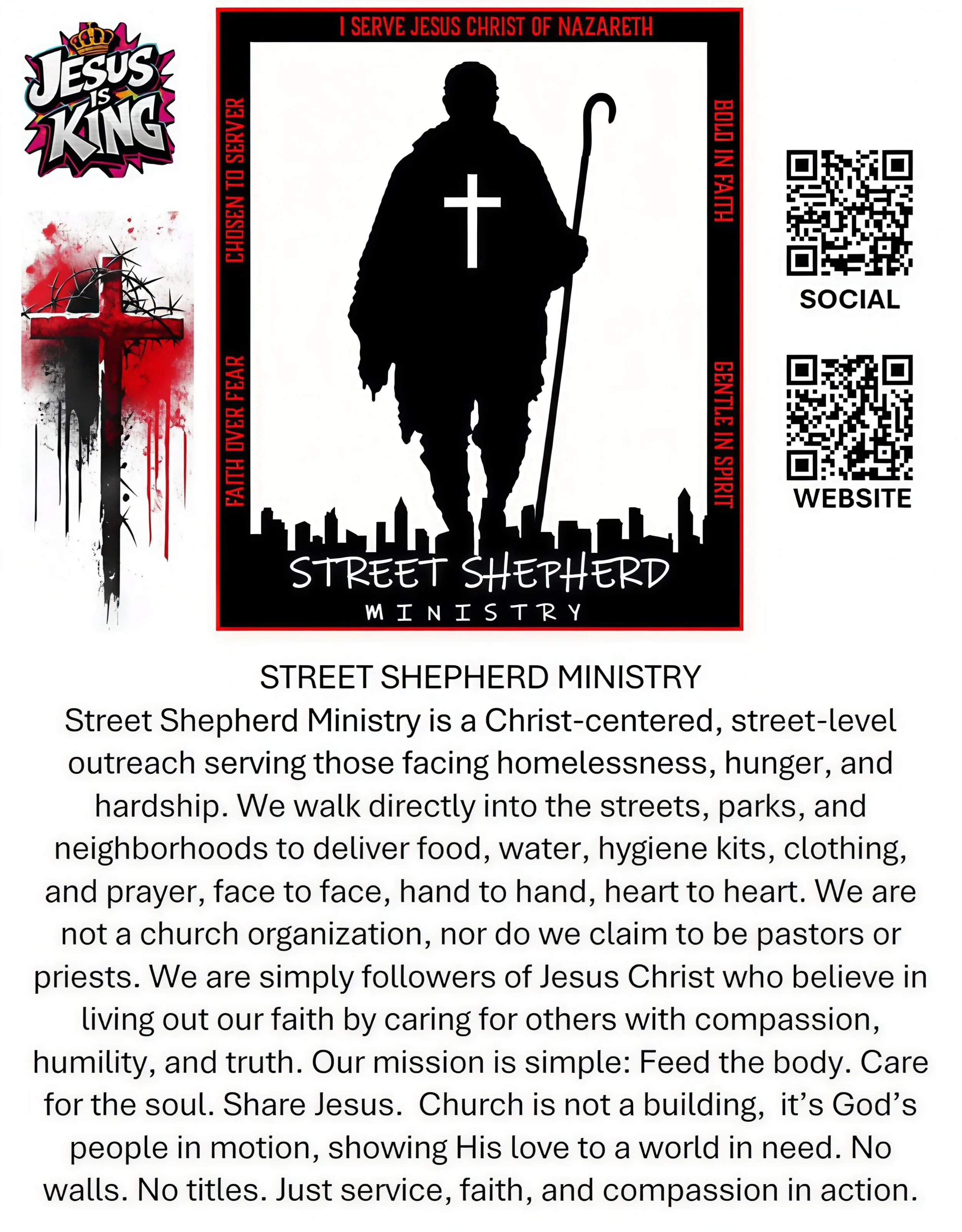 Flyer for Street Shepherd Ministry featuring a black silhouette of a person with a cross on their chest and a shepherd's staff, set against a city skyline background. The flyer includes contact QR codes for social media and website, and text describing the ministry's mission to serve homeless populations with compassion.