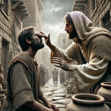 A biblical scene of Jesus healing a man on a city street, with onlookers in the background.