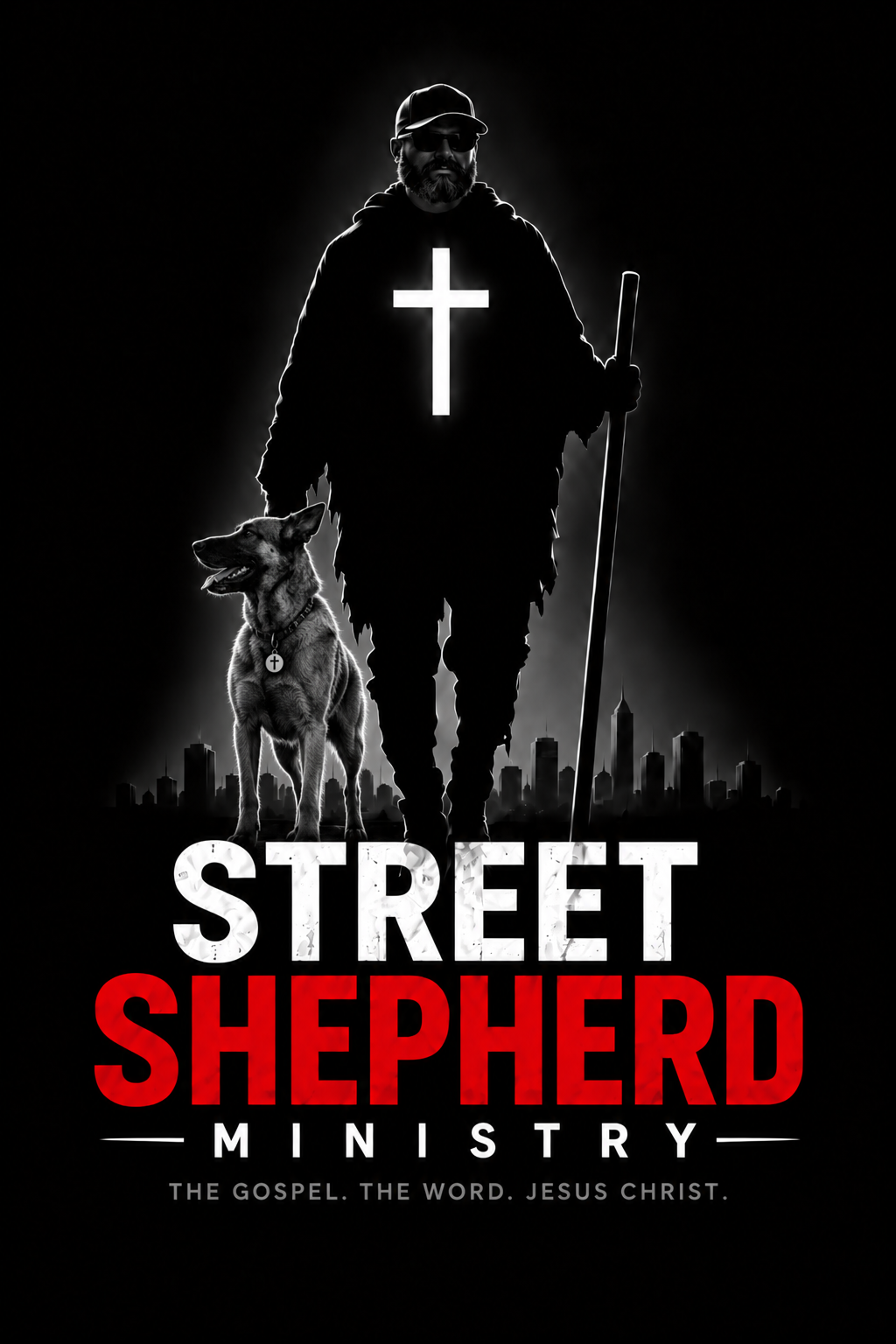 Street Shepherd Ministry artwork featuring a Christian street shepherd with a glowing cross, walking staff, Belgian Malinois, and city skyline.