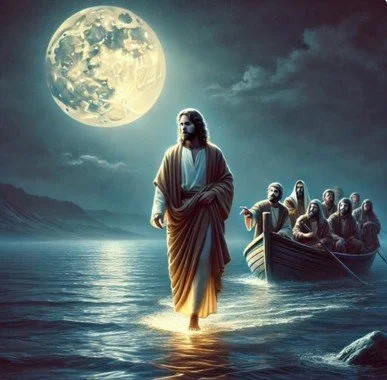 Illustration of Jesus Christ walking on water under a full moon, with a boat full of people following behind on a dark lake.