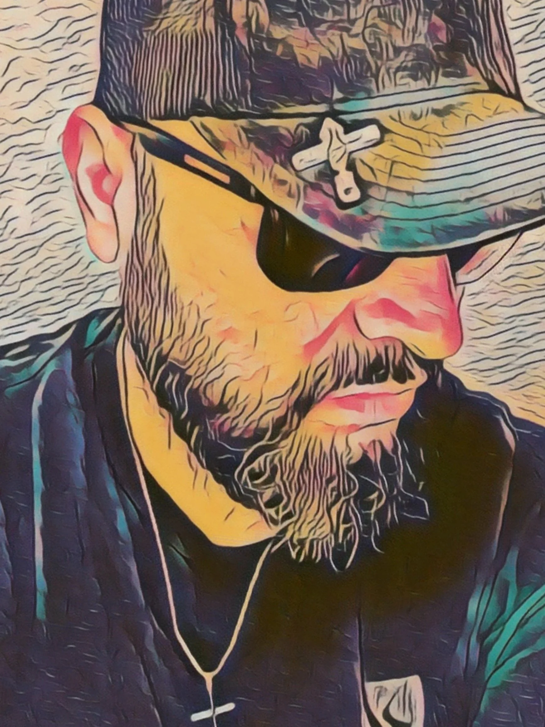 Stylized digital drawing of a man wearing a camo hat, dark sunglasses, and a black jacket, with a beard and focused expression.
