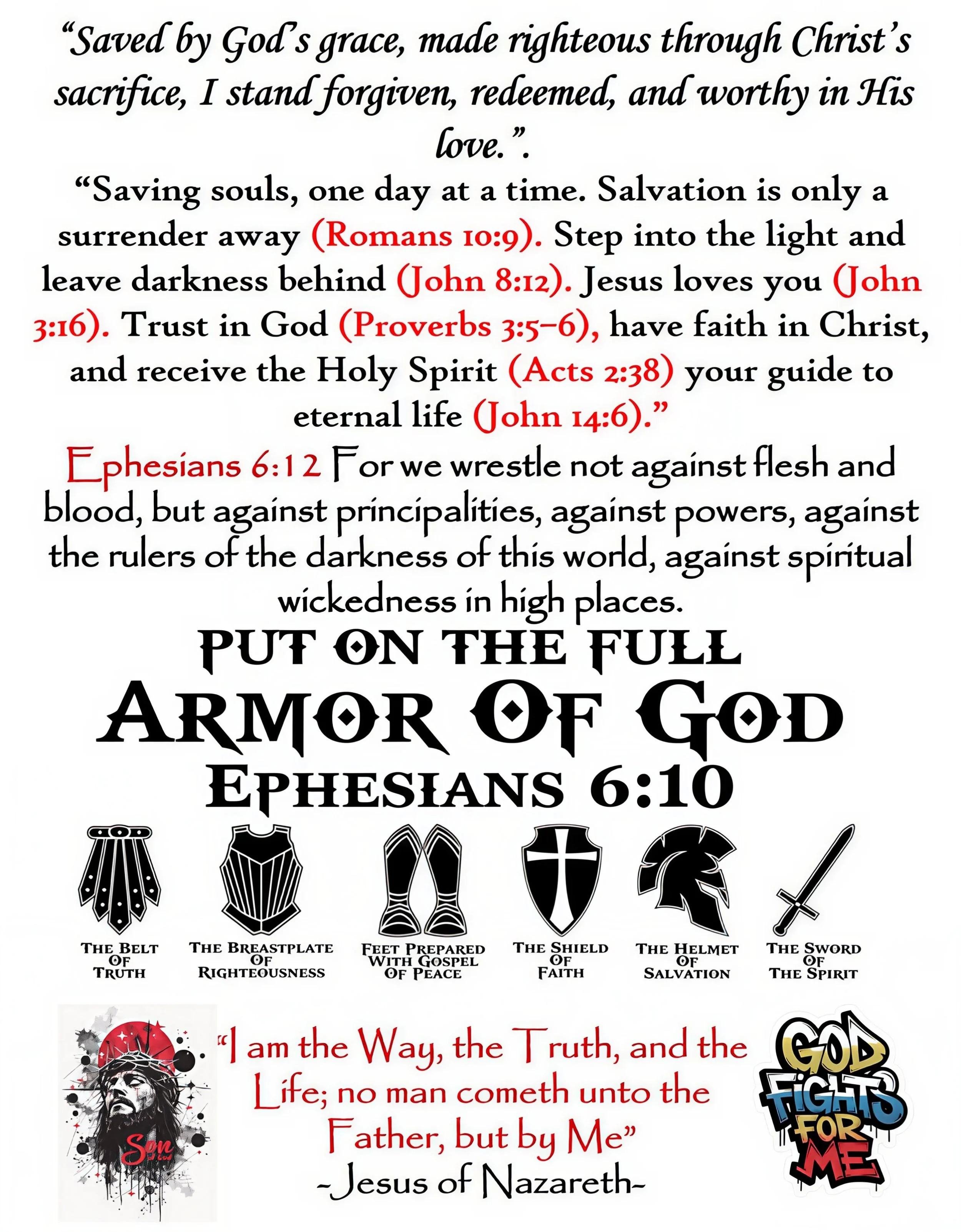 A religious poster with Bible quotes about salvation through Christ, featuring various Christian symbols representing spiritual armor, including a belt, breastplate, shoes, shield, helmet, and sword, along with references to Ephesians 6:10-12 and other Bible verses, and images of Jesus and a "God Fights for Me" sticker.