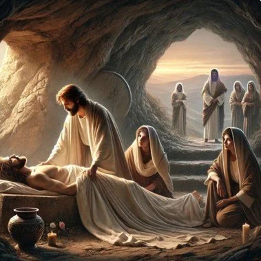 Jesus Christ and his disciples in a cave, with some outside, during sunset.