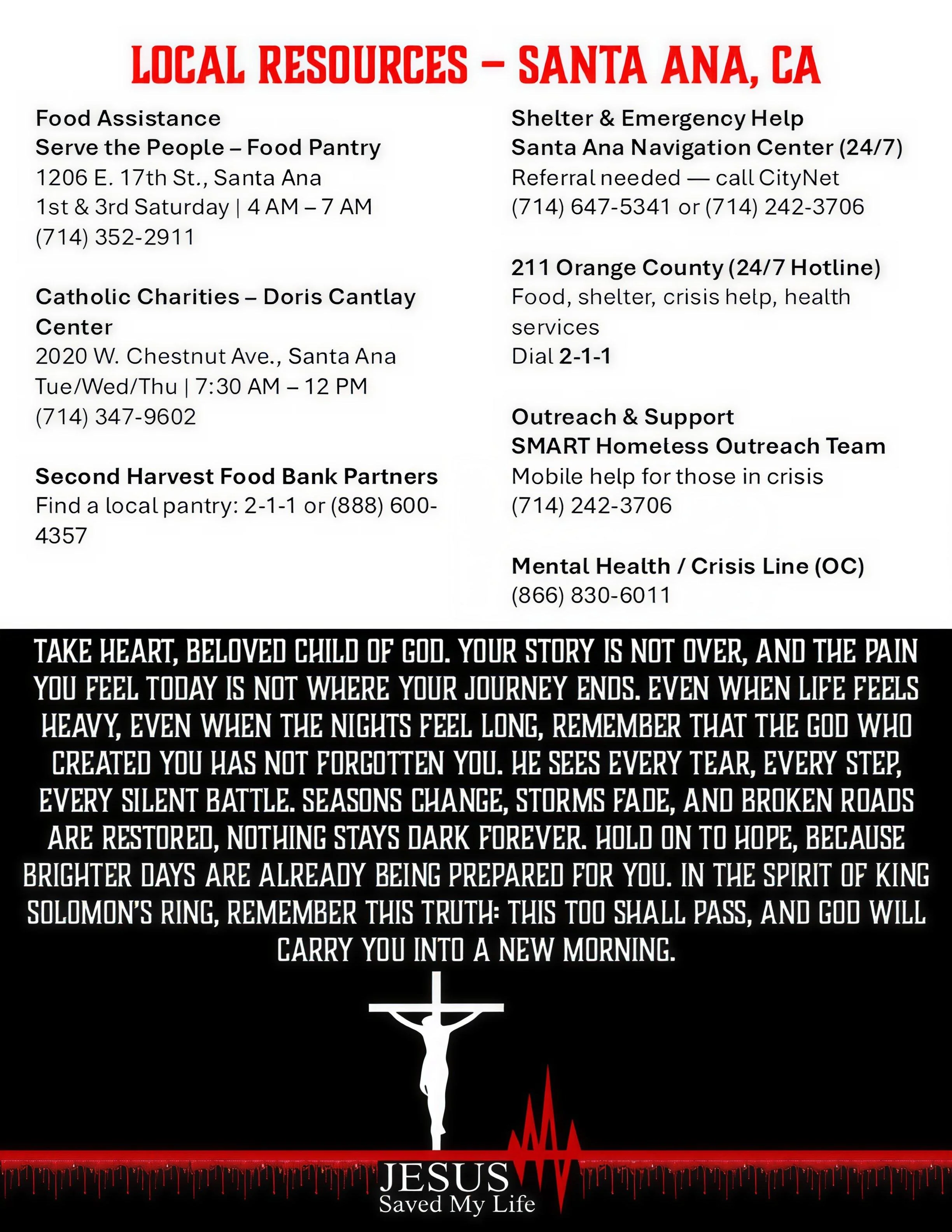 List of local resources in Santa Ana, CA, including food assistance, shelter, crisis help, mental health, and outreach services, with a crucifix and the word 'JESUS' at the bottom.