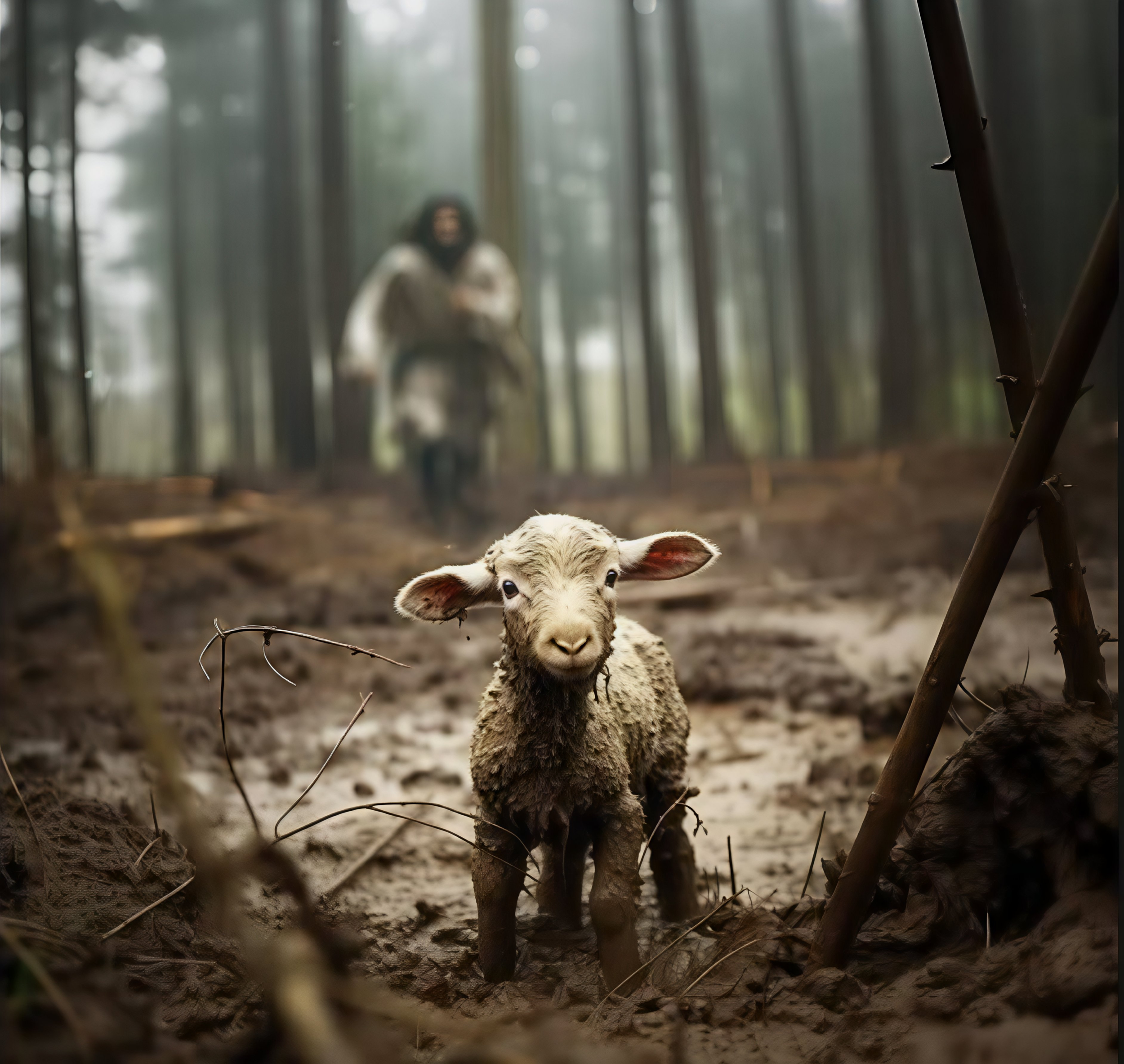A young sheep standing in a muddy forest with a blurred figure of a person in the background.