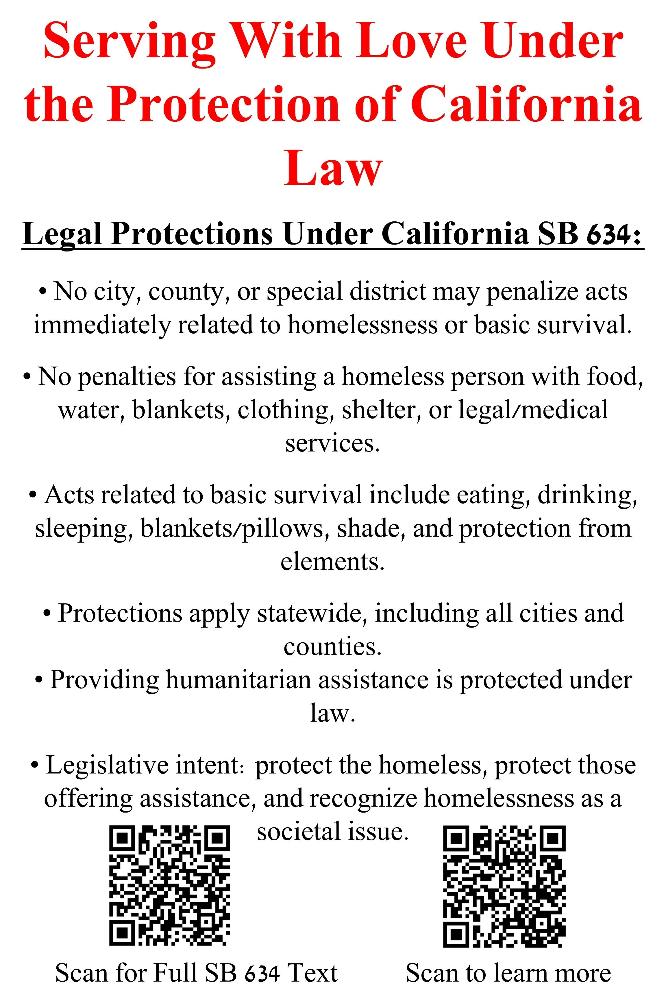 Sign titled 'Serving With Love Under the Protection of California Law' detailing legal protections for assistance to homeless individuals, including no penalties for helping the homeless, protections for basic survival acts, and QR codes for further information.