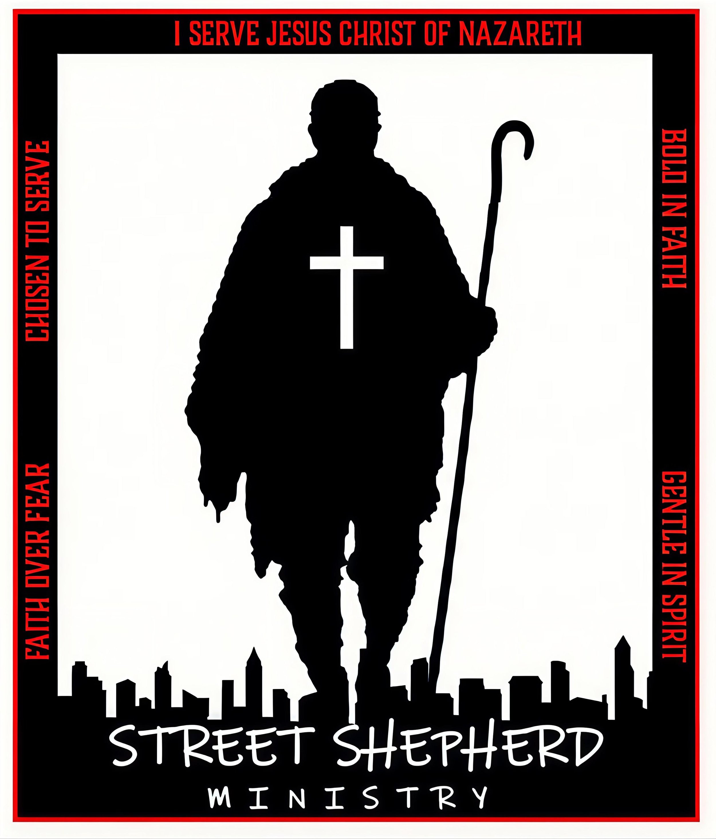 Silhouette of a person with a cross on their chest, holding a shepherd's staff, standing in front of a city skyline, with text around the border and the words 'Street Shepherd Ministry' at the bottom.
