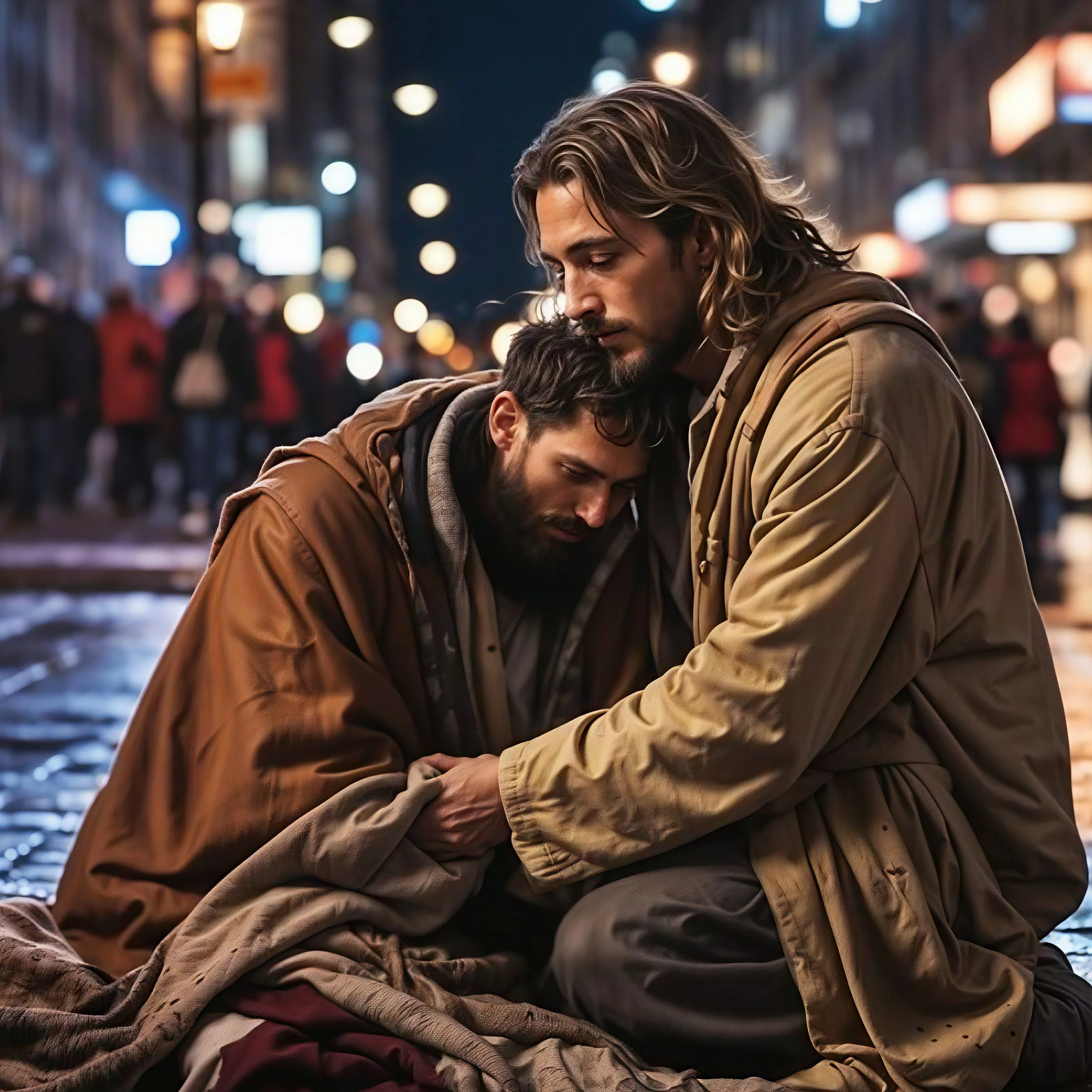 Two men crouch on a city street at night, embracing in a comforting hug. One man, with long hair, gently holds the hand of the other man, who has short hair. The background features blurred city lights and people walking.