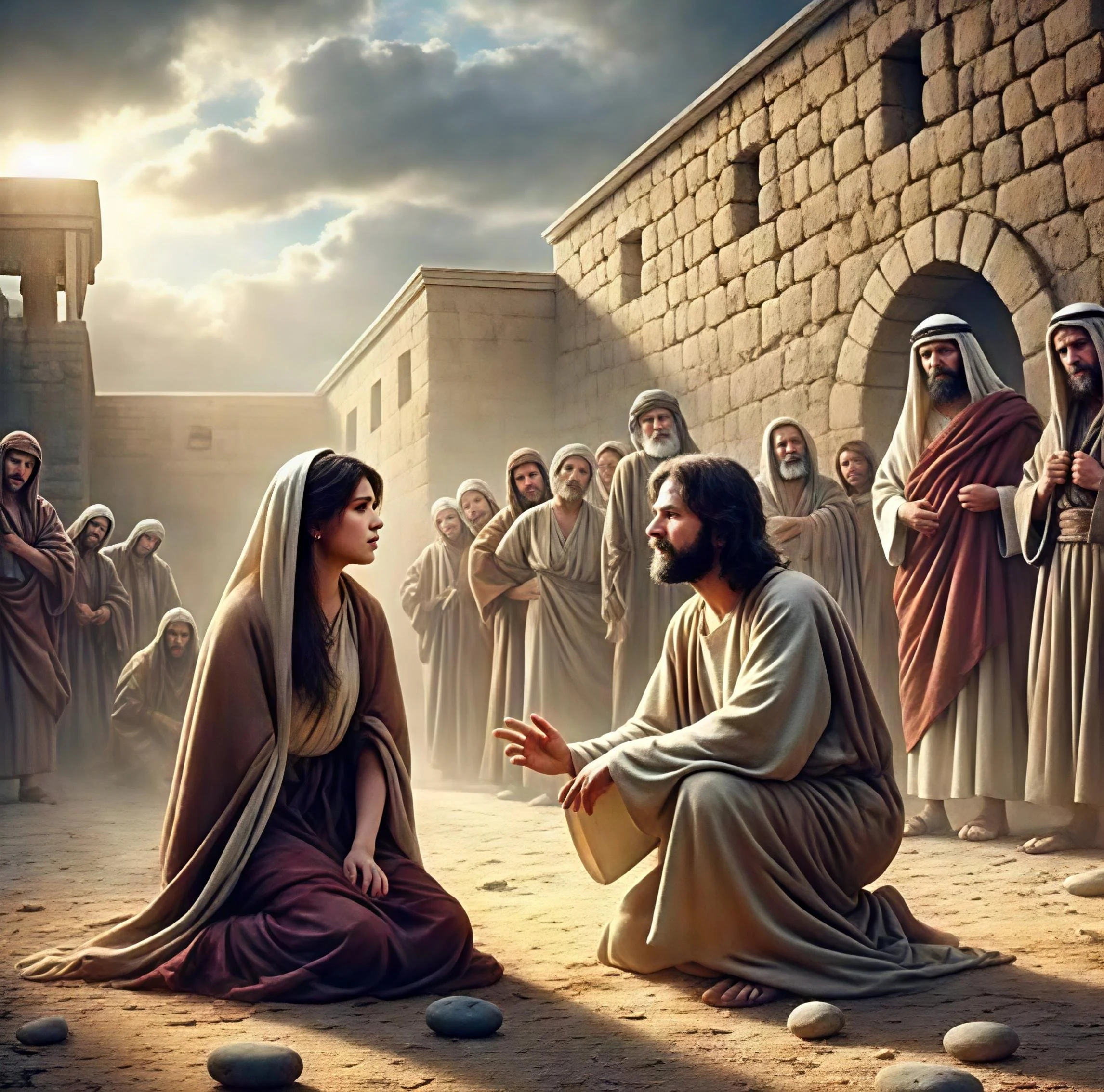 Jesus Christ and a woman kneeling before him in a courtyard surrounded by onlookers.