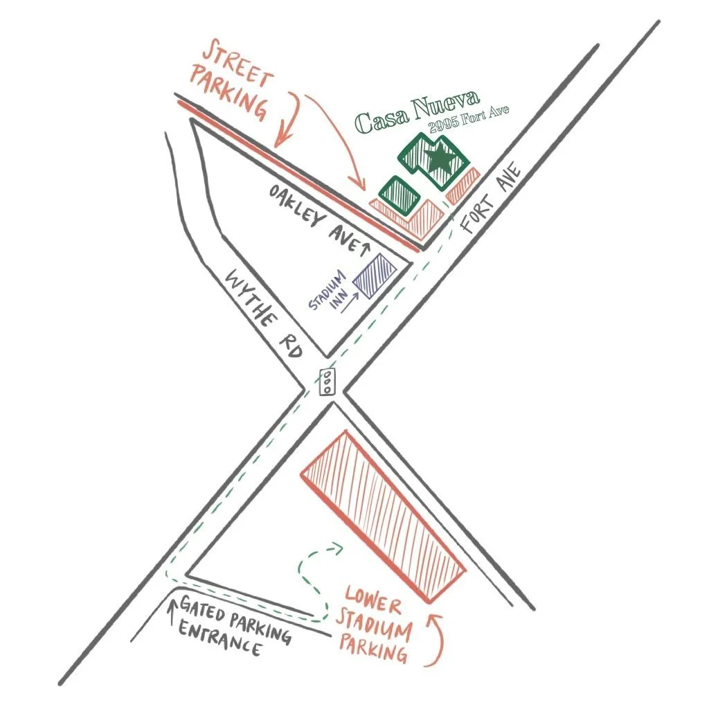 Parking map showing street parking on Oakley Avenue and lower stadium parking near a gated entrance, with landmarks such as Casa Nueva, Stadium Inn, and Fort Avenue.