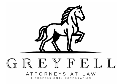 Logo with a black and white illustration of a horse and the text "Greyfell Attorneys at Law".