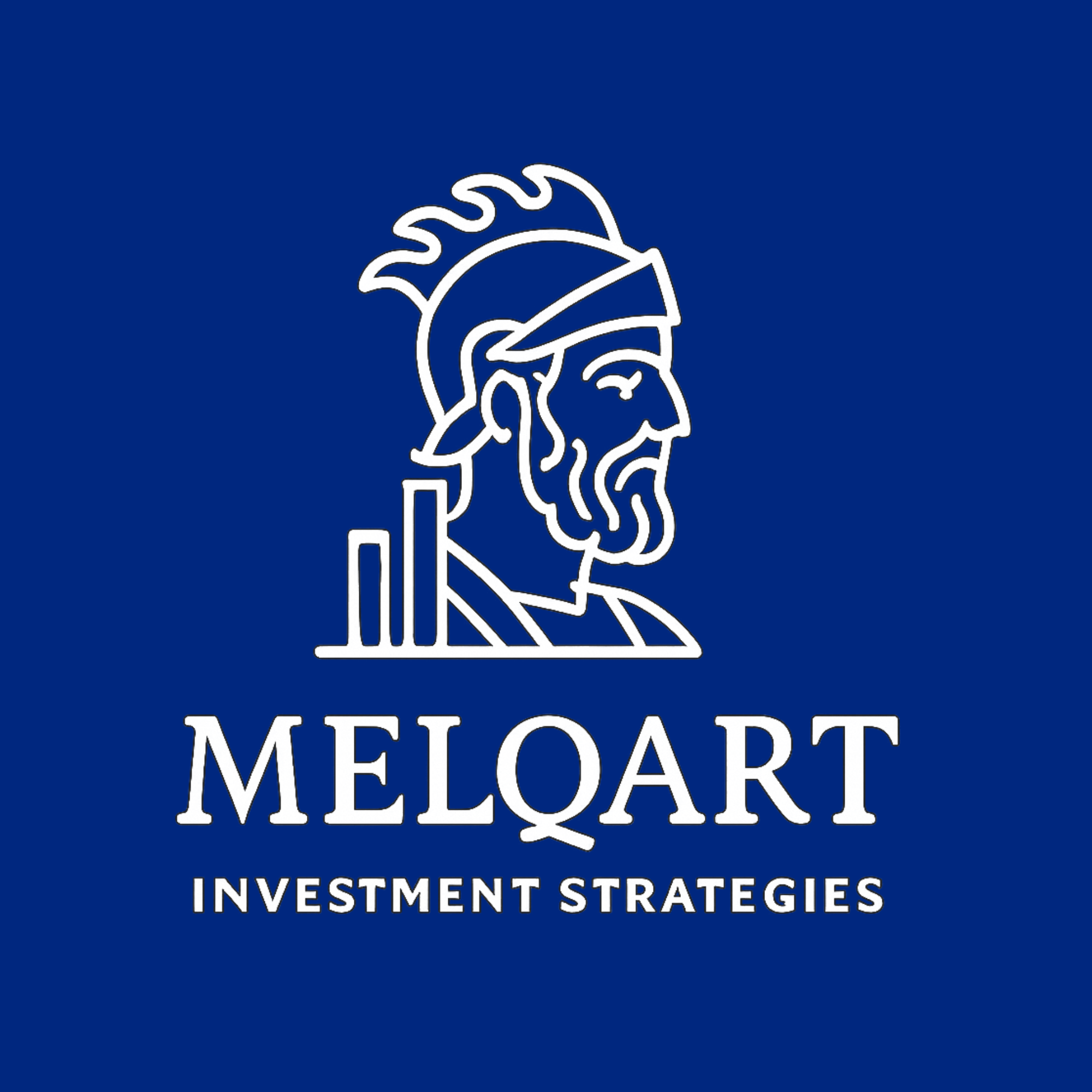 Logo of Melqart Investment Strategies featuring a line drawing of a classical warrior with a helmet and beard, and a bar chart in the background, on a blue background.