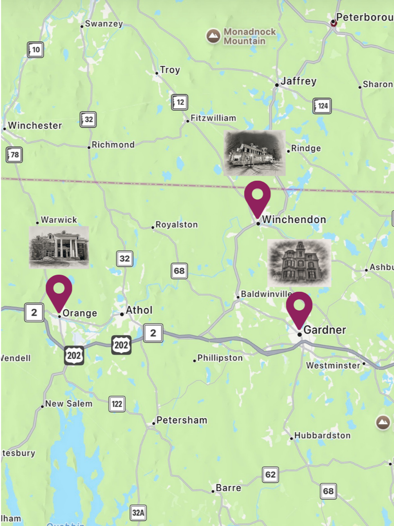 Map of three haunted mansions in massachusetts