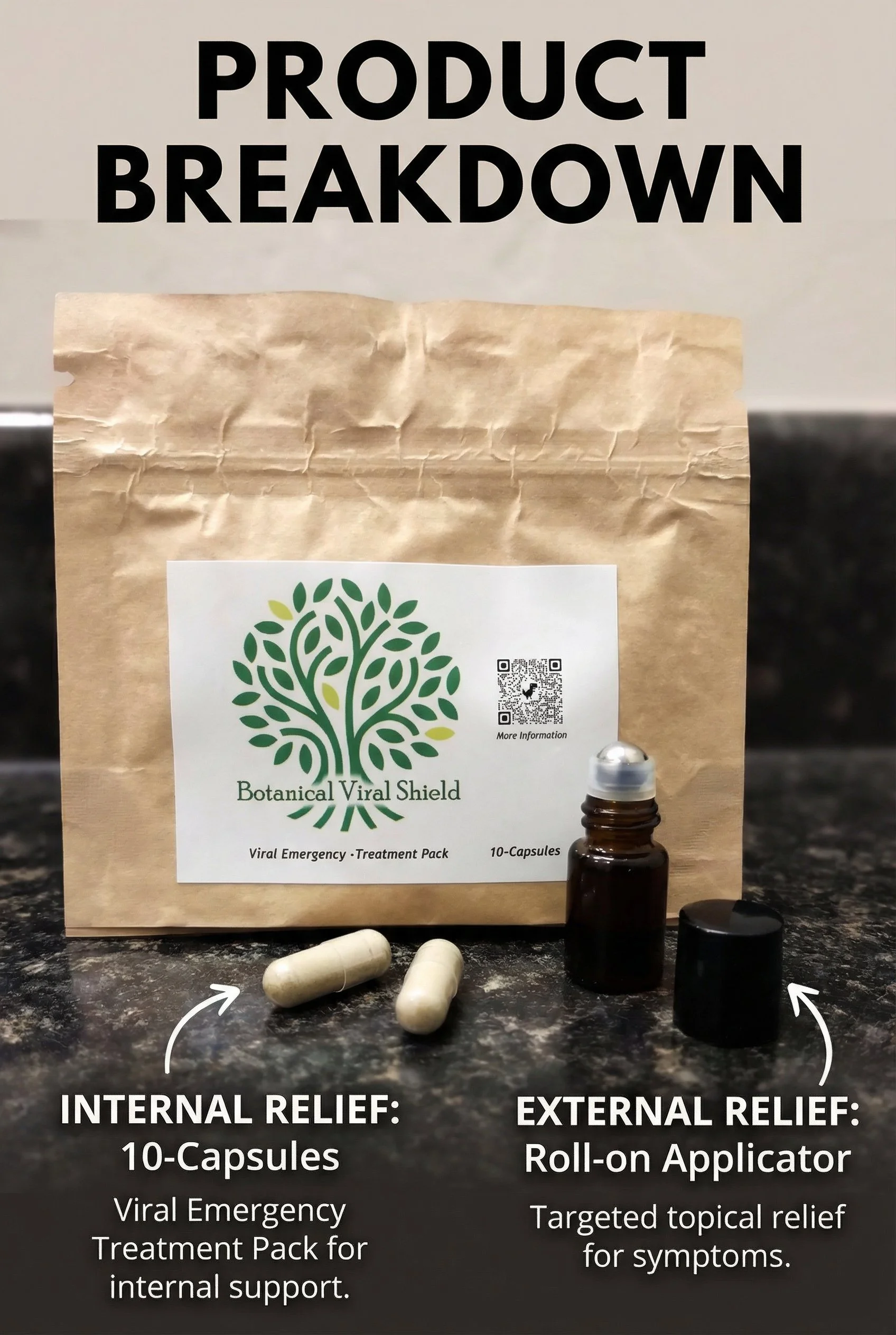 A product package labeled 'Botanical Viral Shield Viral Emergency - Treatment Pack' with 10 capsules, placed on a black surface. The package includes a small roll-on applicator and two capsules in the foreground.