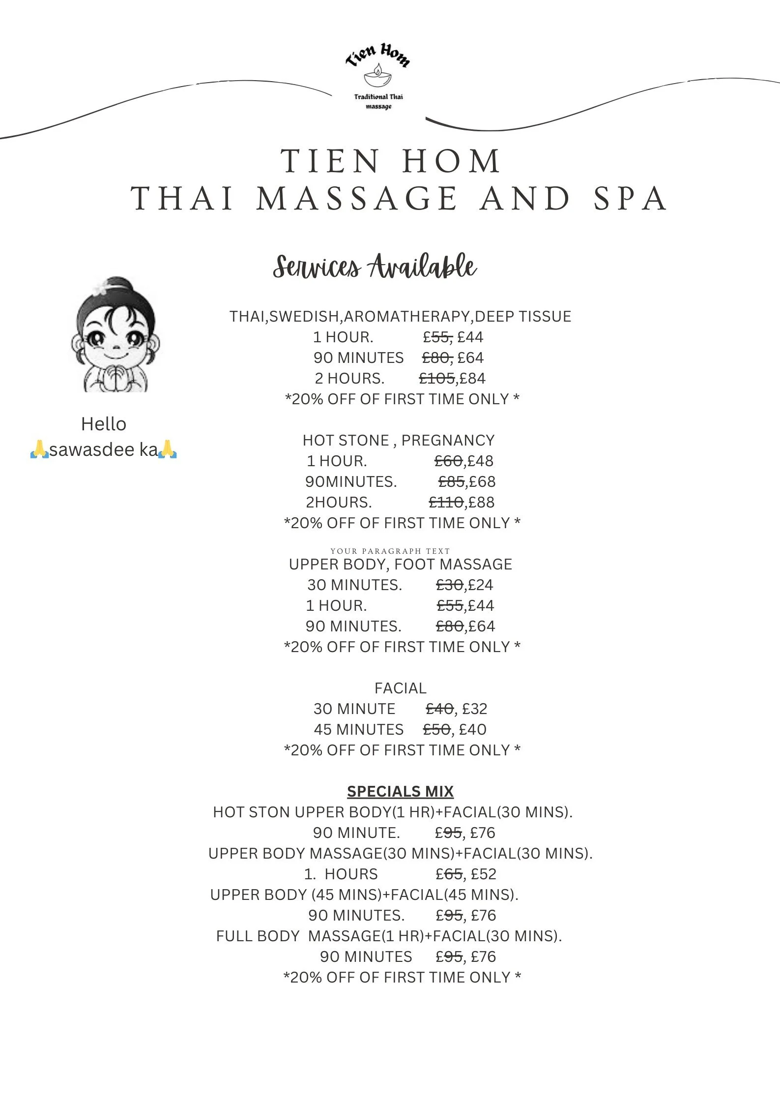 A black-and-white promotional flyer for Tien Hom Thai Massage and Spa listing various massage and spa services with prices, including Thai, Swedish, aromatherapy, deep tissue, hot stone, pregnancy, upper body, foot massage, facial, and combo specials, with discounts for first-time customers.