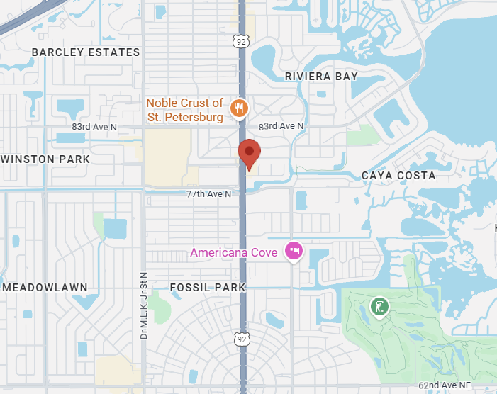 Map of an area with various neighborhoods labeled, including Barclay Estates, Winston Park, Meadowlawn, Riviera Bay, Caya Costa, and Fossil Park. Major roads and landmarks like Noble Crust of St. Petersburg and Americana Cove are also marked.
