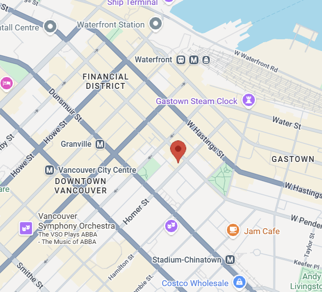 Map of downtown Vancouver, showing landmarks like Vancouver Symphony Orchestra, Stadium-Chinatown Metro Station, Gastown Steam Clock, and Waterfront Station, with streets and water bodies labeled.