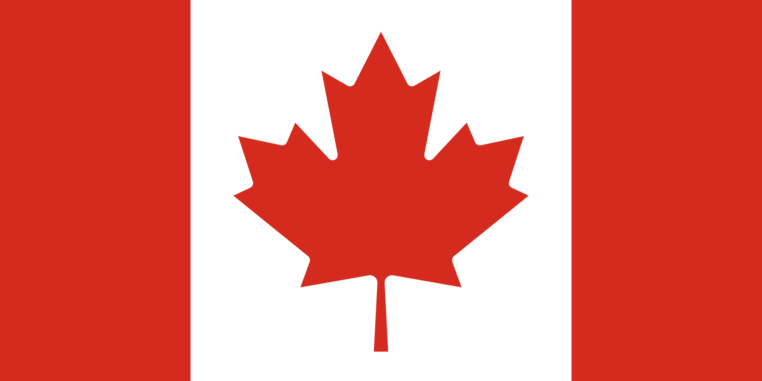 Canadian flag with red vertical stripes on both sides and a red maple leaf in the center on a white background.
