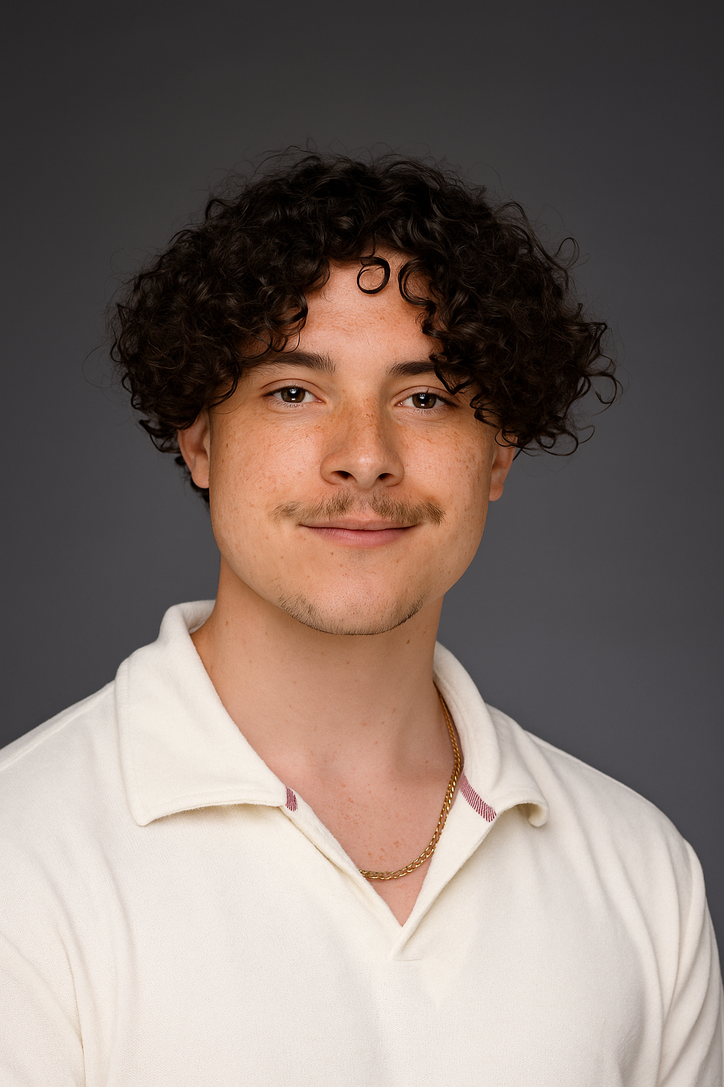 A young man with curly dark hair, light skin, and a goatee, smiling slightly while wearing a white polo shirt and a gold chain necklace, against a dark gray background.