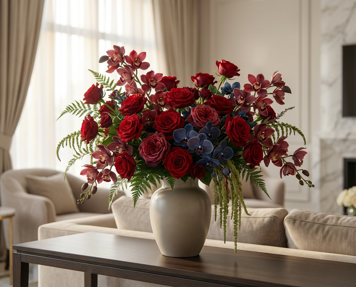 Red roses and blooms of Luxury collection by ETERNALUXE