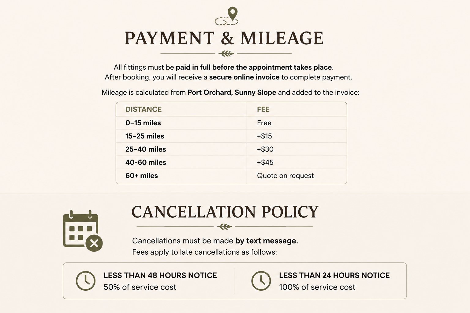 Information about payment and mileage fees for a service, including a chart listing distances from 0-15 miles to 60+ miles with the corresponding fees, and a cancellation policy with notice time requirements and service cost percentages.