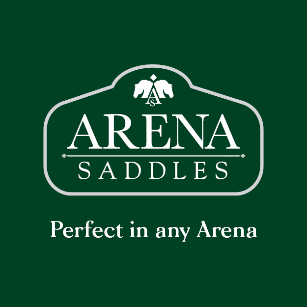 Logo for Arena Saddles with text "Perfect in any Arena" on a green background.