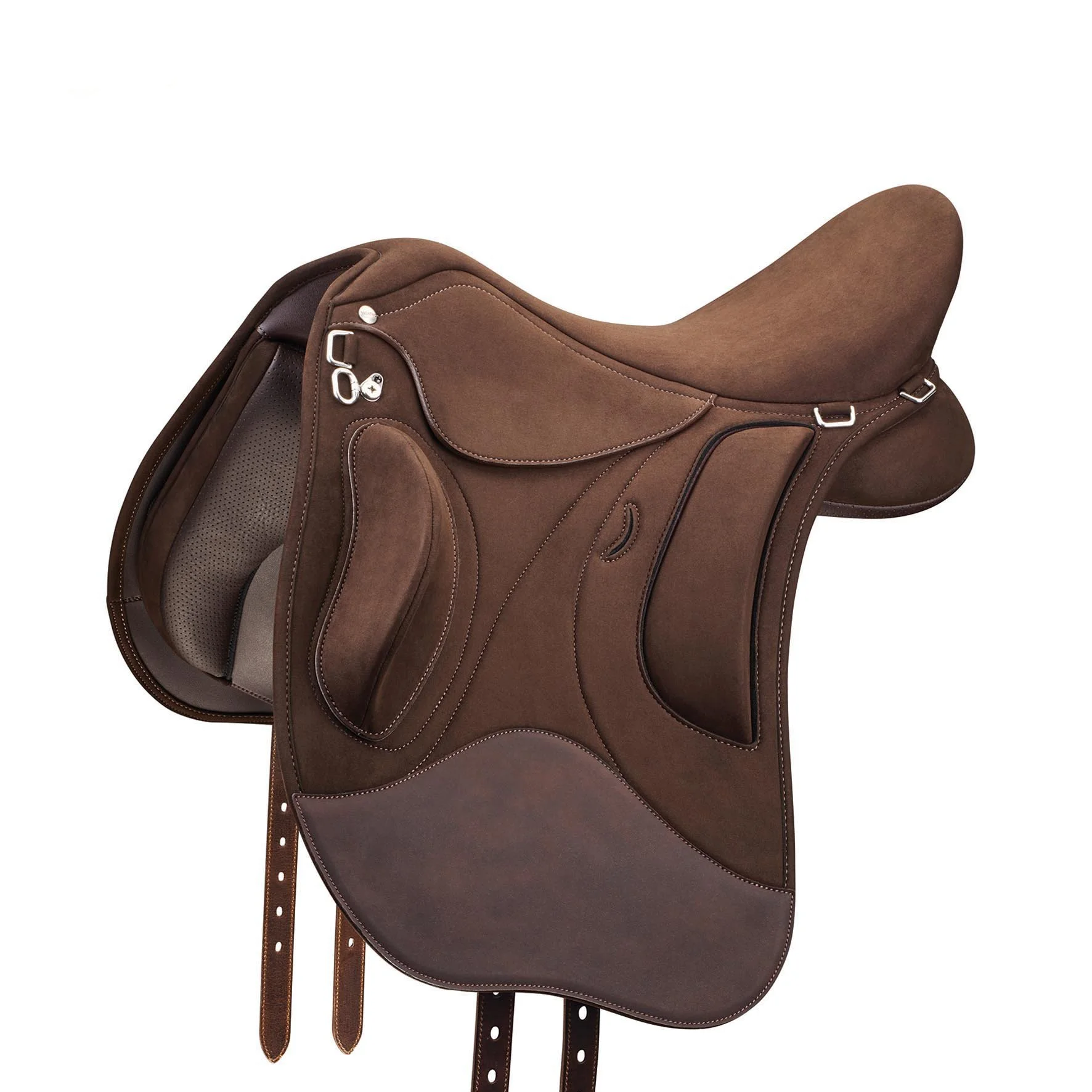 Close-up of a brown leather and suede English riding saddle against a white background.