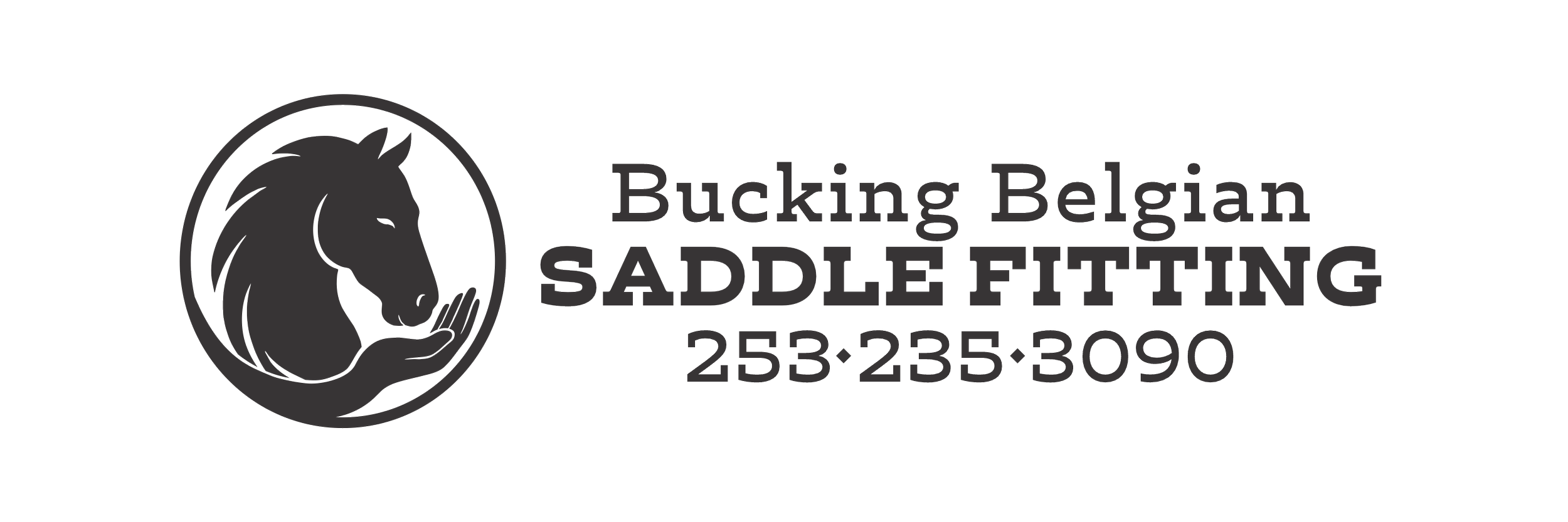 Logo for Bucking Belgian Saddle Fitting with a stylized horse head within a circle and contact number 253-235-3090.
