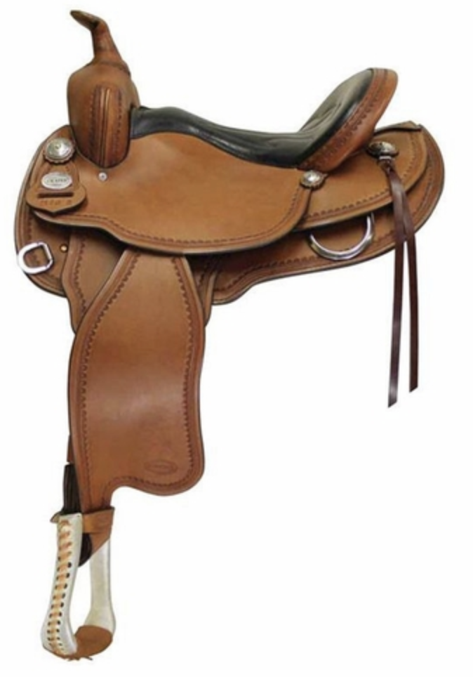 A leather horse saddle with a seat, stirrups, and various attachments.