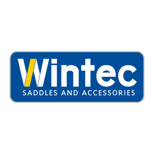 Wintec Saddles and Accessories logo with blue background, white text, and a yellow accent on the letter 'W.'