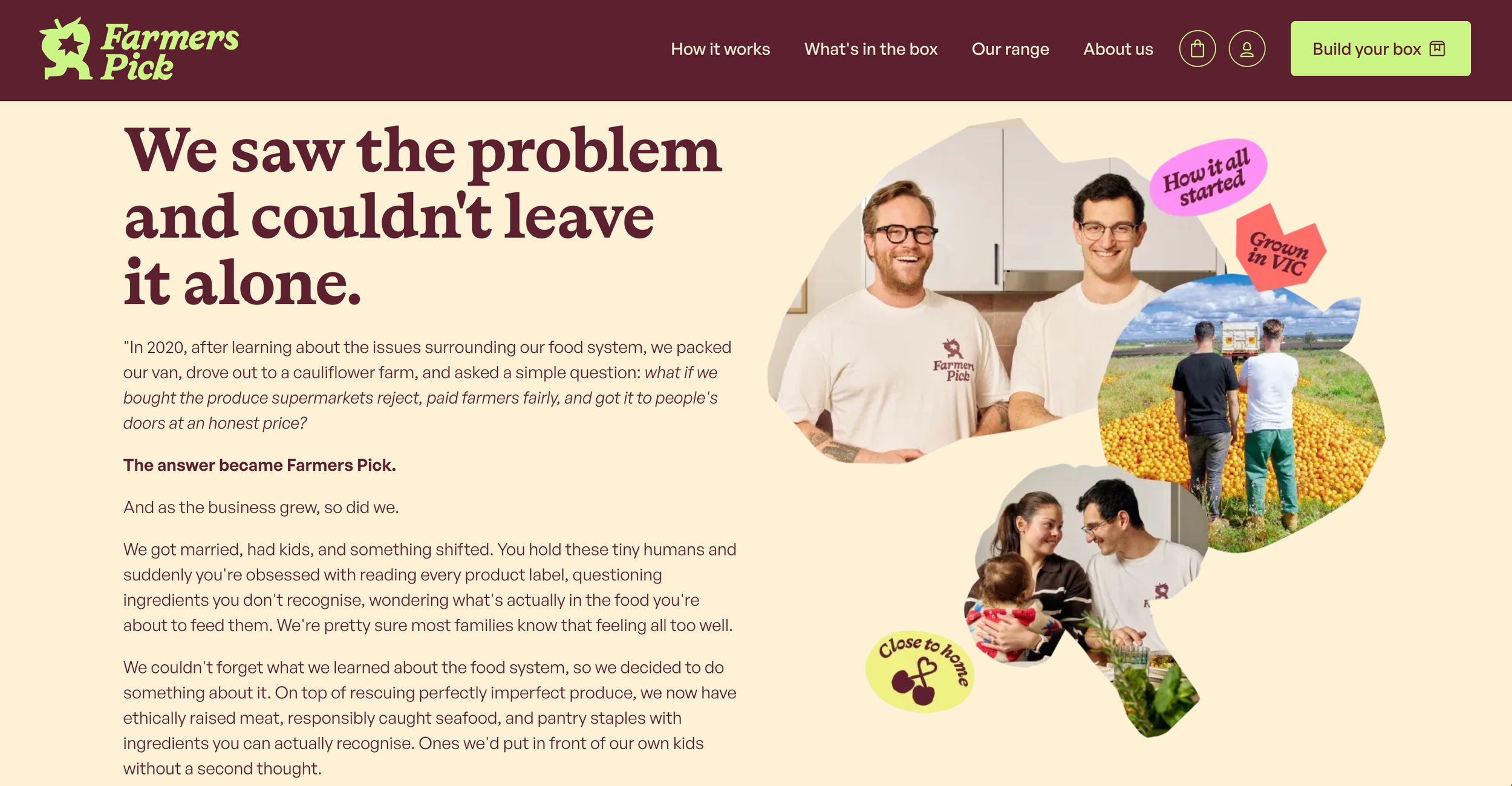 Screenshot of Farmers Pick website homepage featuring a headline about addressing food system issues, with images of two smiling men in white shirts, a field with two people inspecting orange produce, and various colorful labels about the company's mission.