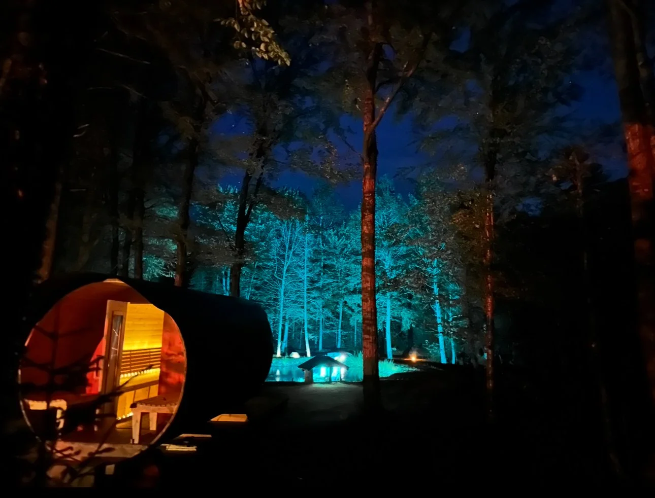 Night photo of our Sauna and Pond lighting