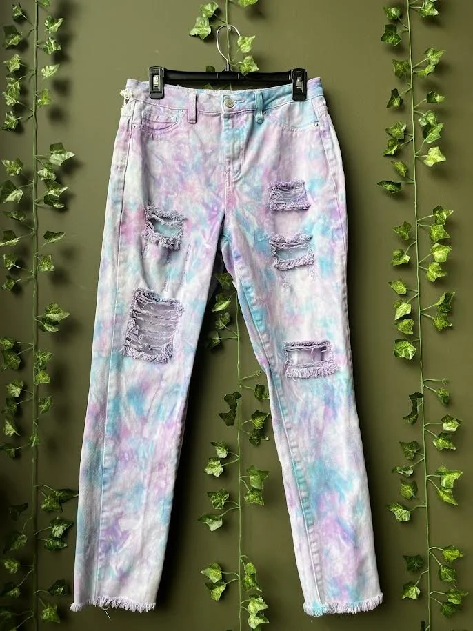 Blue, Pink, Purple Dyed Ripped Jeans