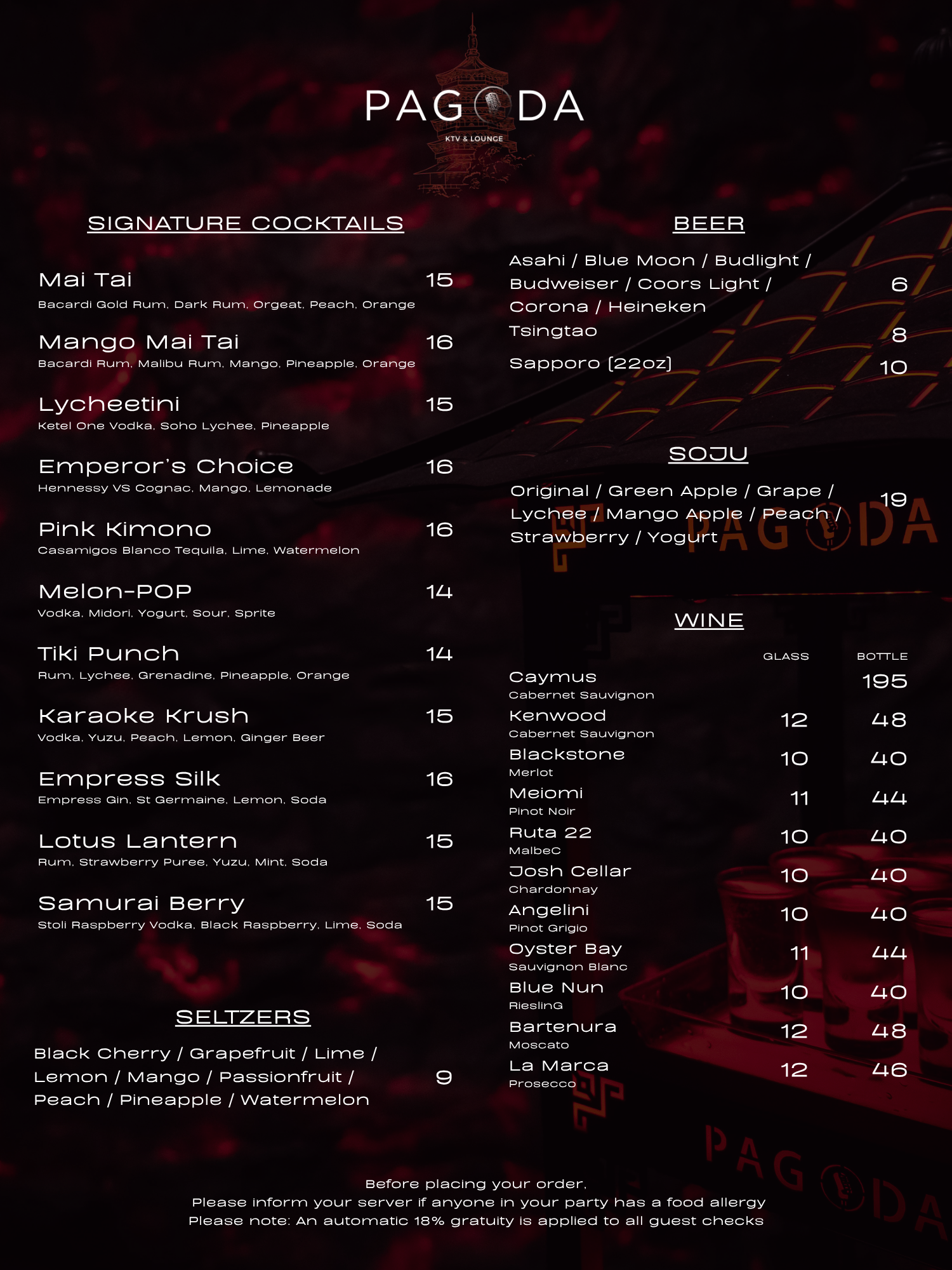 Pagoda KTV Drink Menu