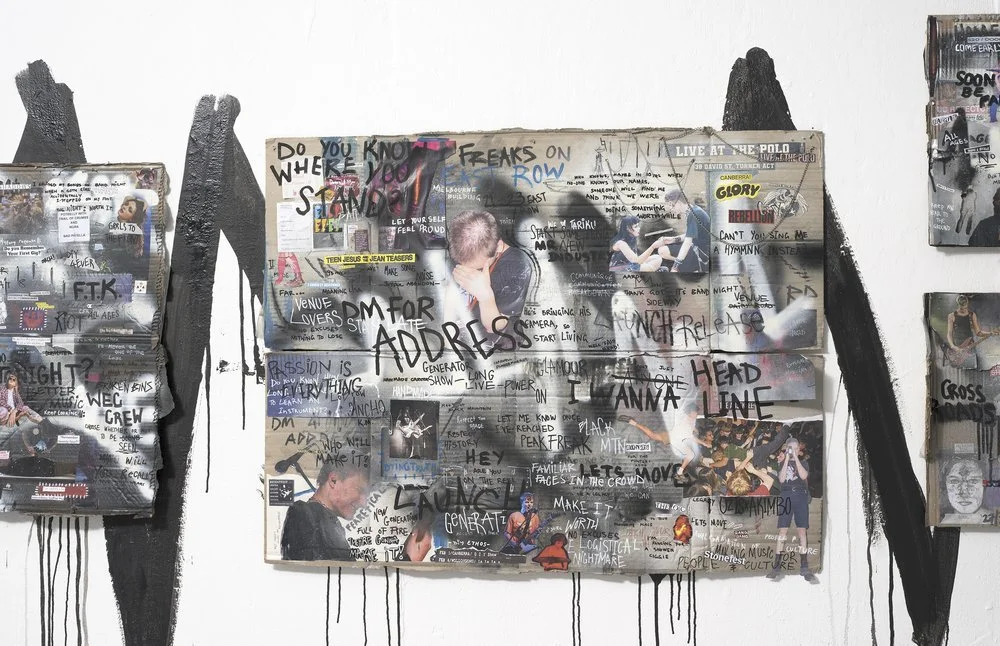 Installation on the classroom wall of the ANU School of Art & Design, 30 Nov - 8 Dec 2024. Mixed media collage on found cardboard, 100 x 150 cm. Photograph by Brenton McGeachie.