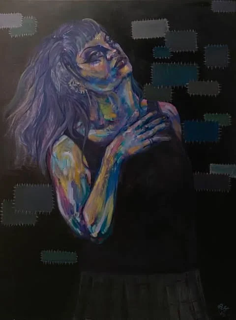 Colorful portrait of a woman with long hair, looking up with a thoughtful expression, painted with vibrant brushstrokes on a dark background.