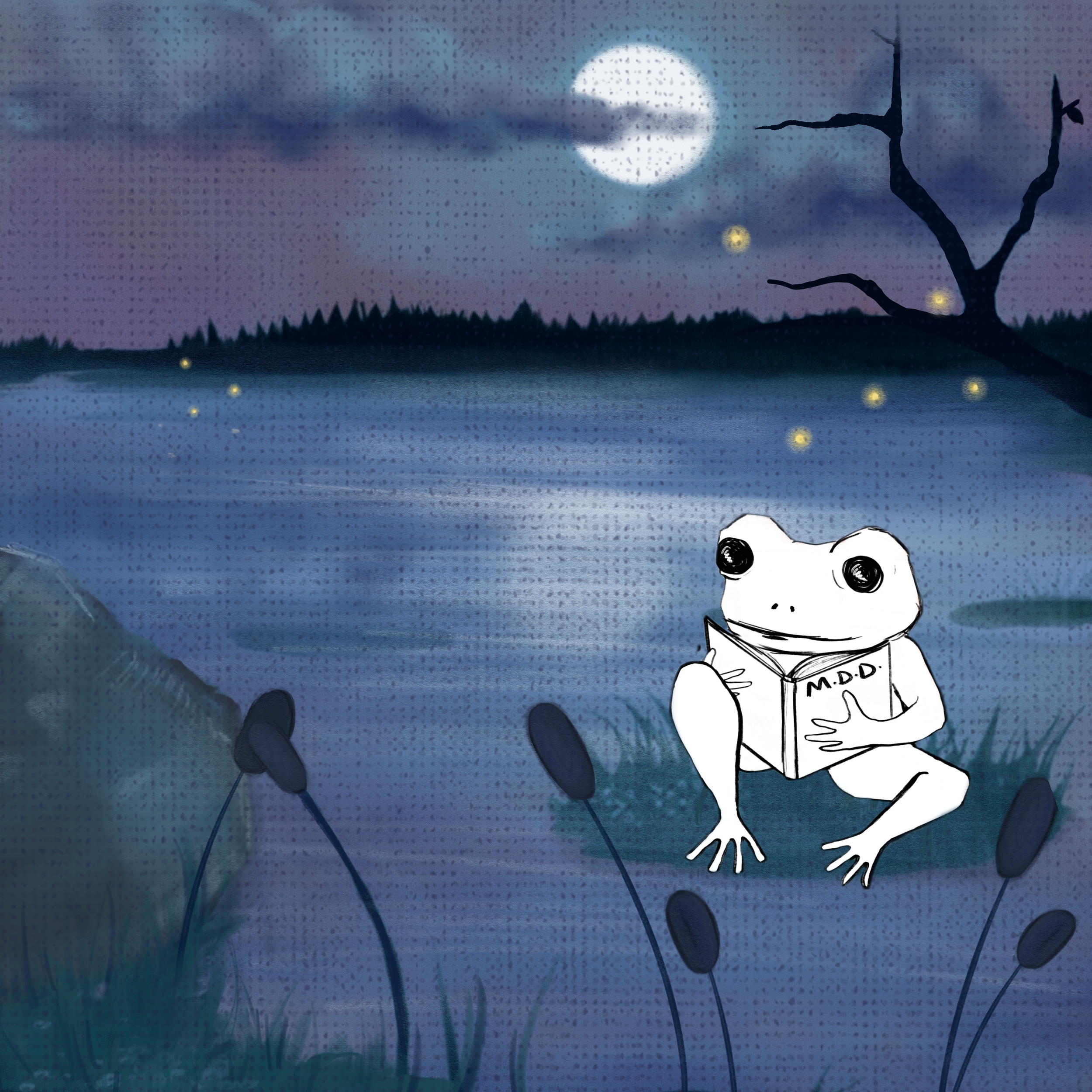 A frog reading a book labeled 'M.D.D.' by a lake at night under a full moon with fireflies glowing.