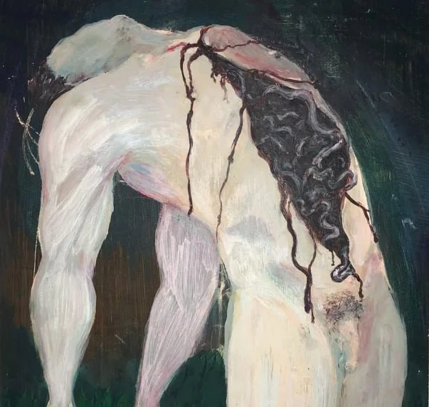 An expressive painting of a nude figure with dark, curly hair, bent over with back facing the viewer, against a dark background.