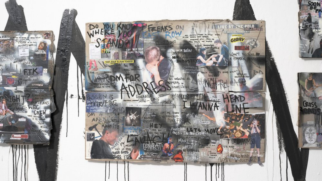 Mixed-media collage with handwritten and printed text, photographs, and graffiti elements on a grid background, featuring phrases like 'Do you know where you stand?' and 'Address,' and images of young people performing and socializing.