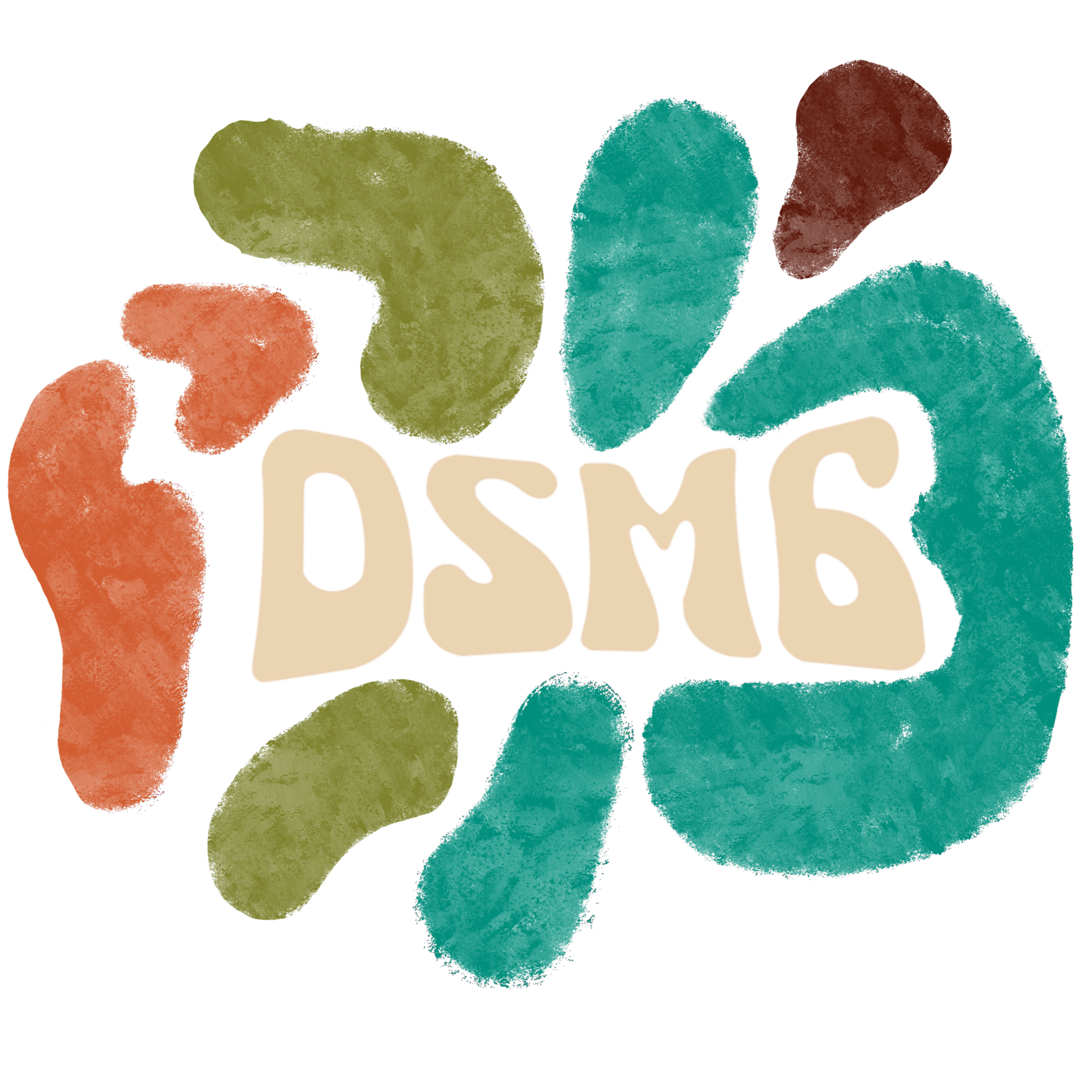 Colorful graphic with the word 'DSM5' in bold white letters surrounded by abstract, irregular shapes in shades of green, orange, pink, brown, and teal.