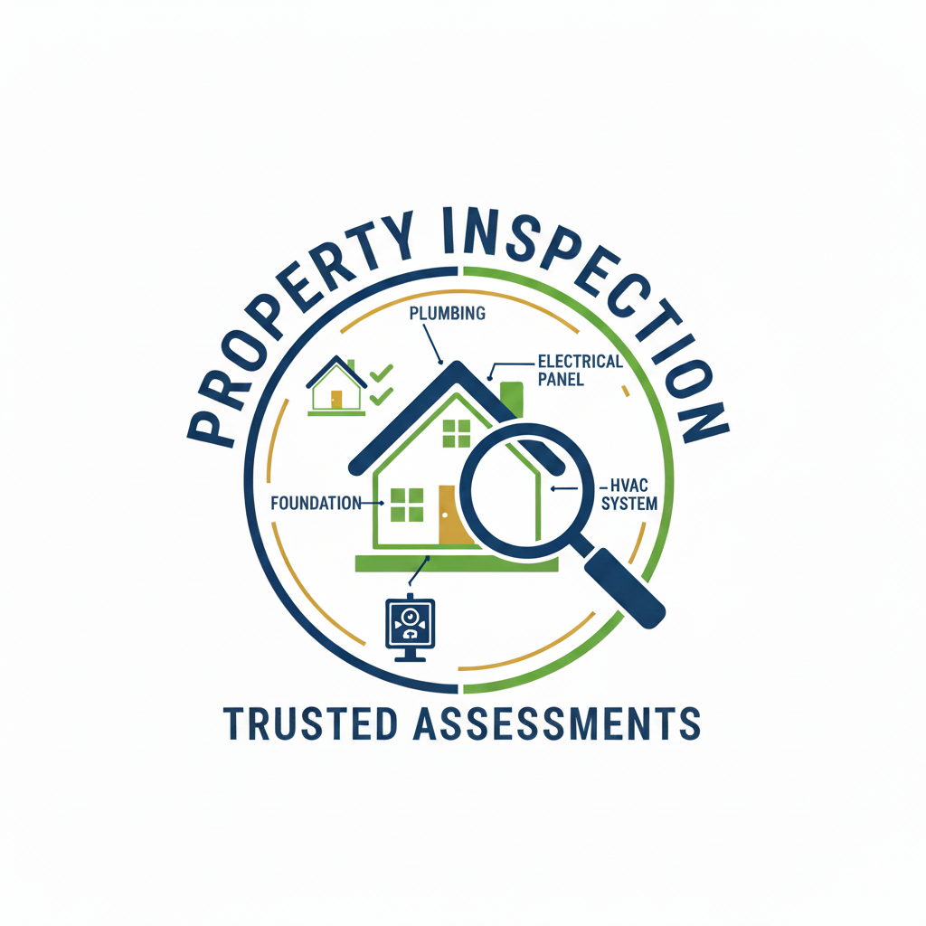 Logo for Property Inspection Trusted Assessments, featuring a house with a magnifying glass, symbols for plumbing, electrical panel, HVAC system, and foundation.