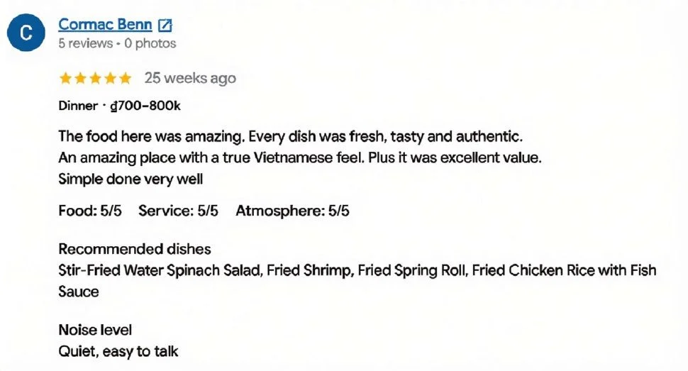 Online review of a Vietnamese restaurant with 5-star ratings, praising the food, service, and atmosphere, recommending dishes like water spinach salad, fried shrimp, spring roll, and chicken rice with fish sauce.