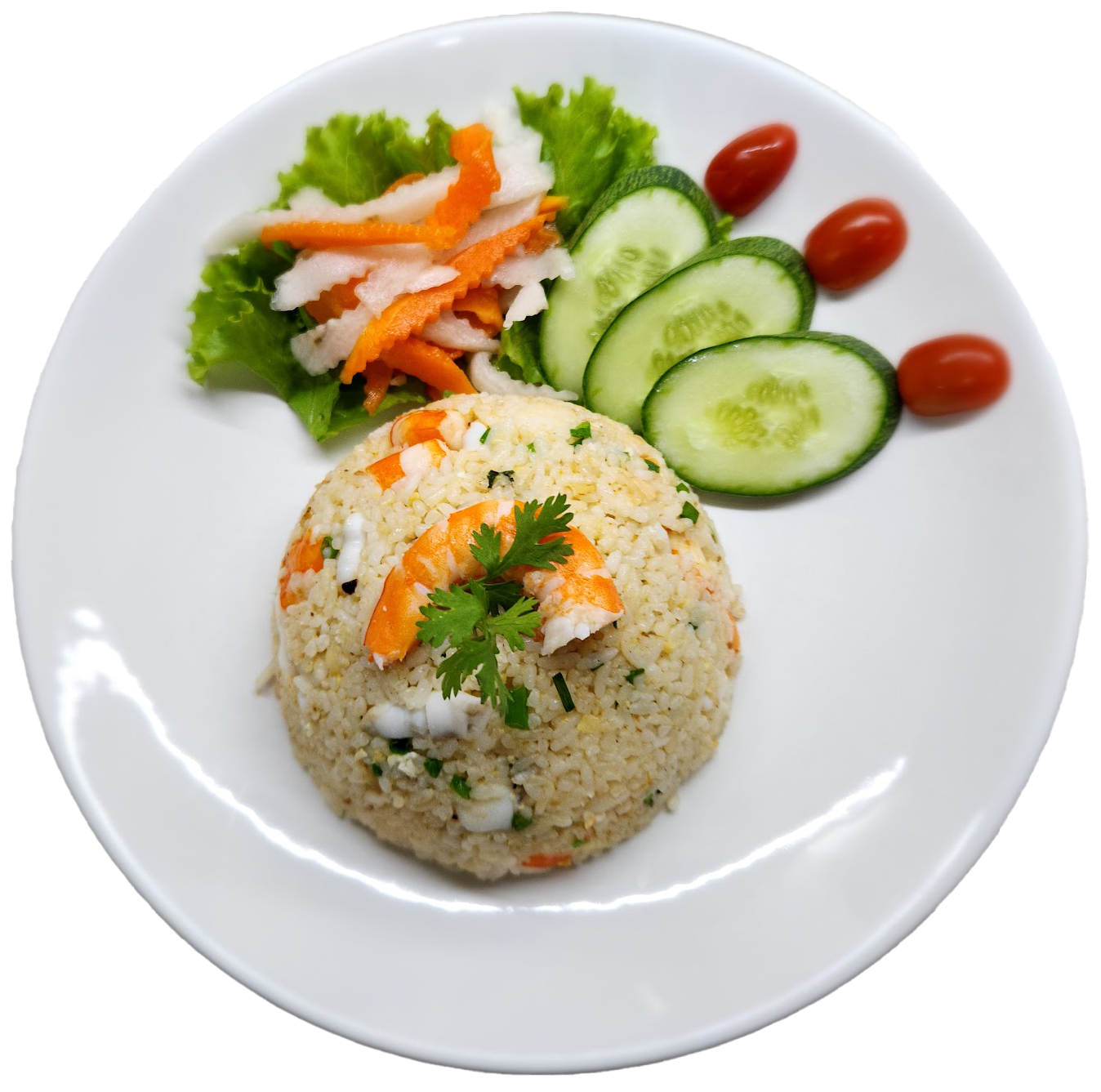 A white plate with a serving of fried rice garnished with cilantro and shrimp, a small salad with shredded carrots and radish, cucumber slices, and cherry tomatoes.