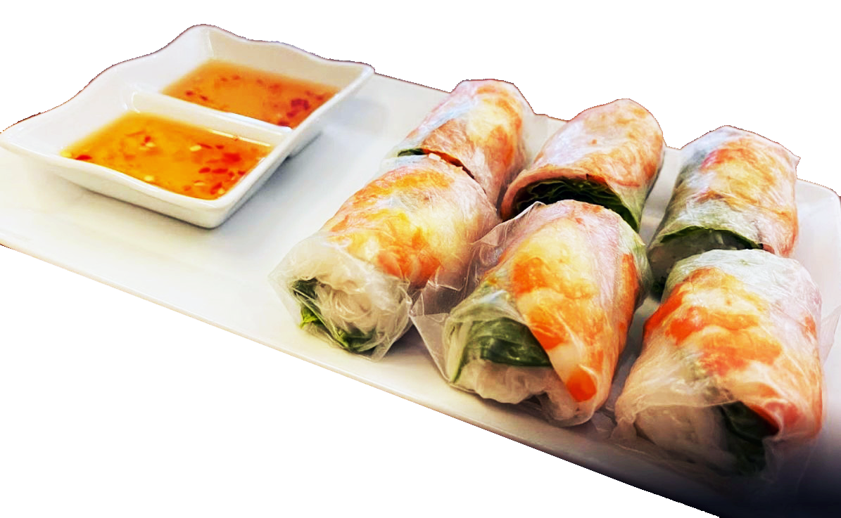 Six Vietnamese spring rolls with dipping sauce on a white rectangular plate